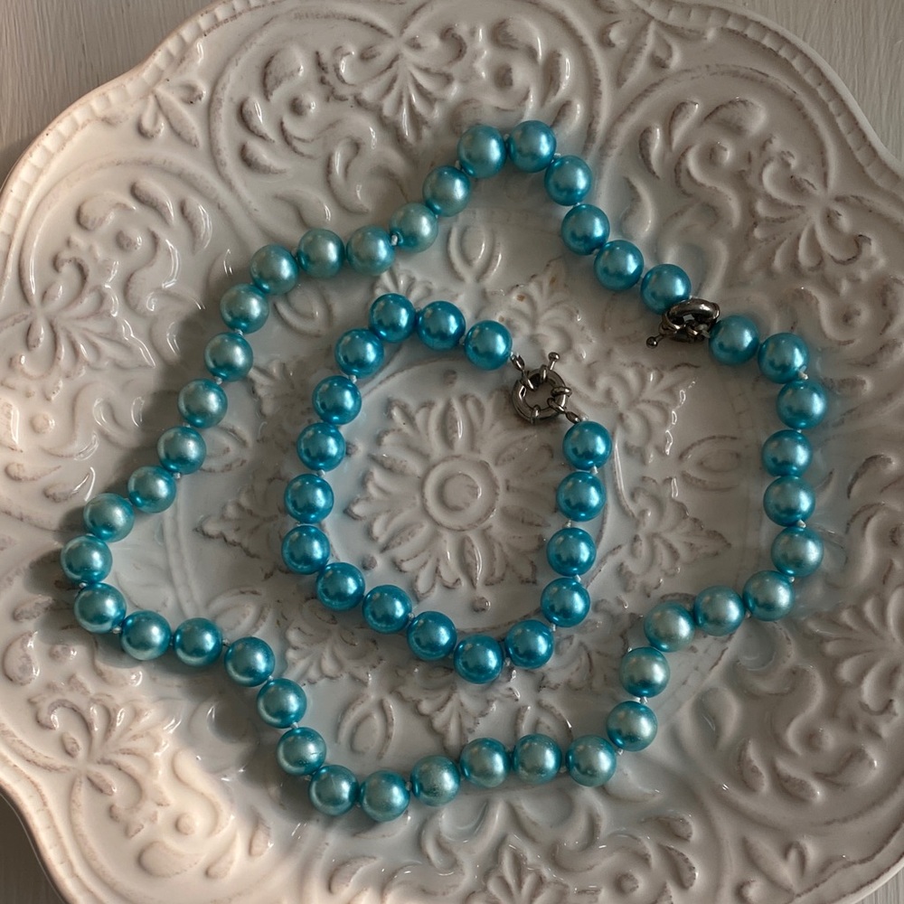 Tiffany Blue Teal Freshwater Cultured Pearl Necklace & Bracelet Set - Picture 13 of 16